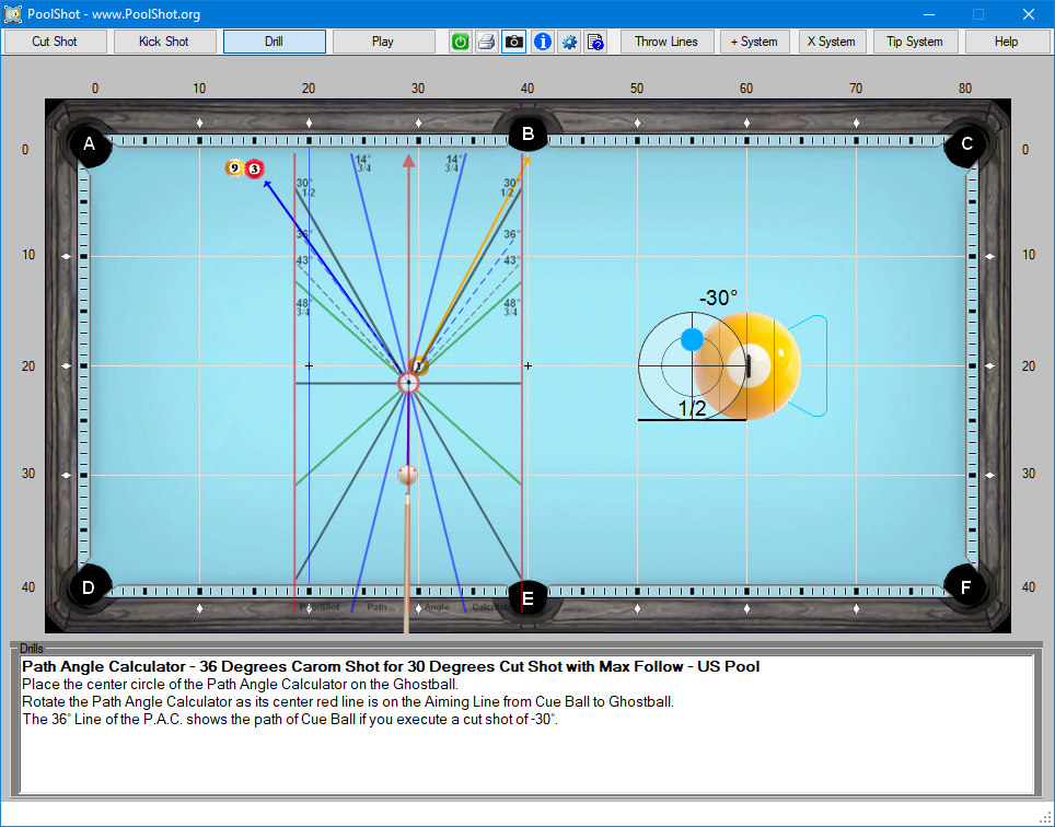 Path Angle Calculator - 36 Degrees Carom Shot for 30 Degrees Cut Shot with Max Follow - US Pool